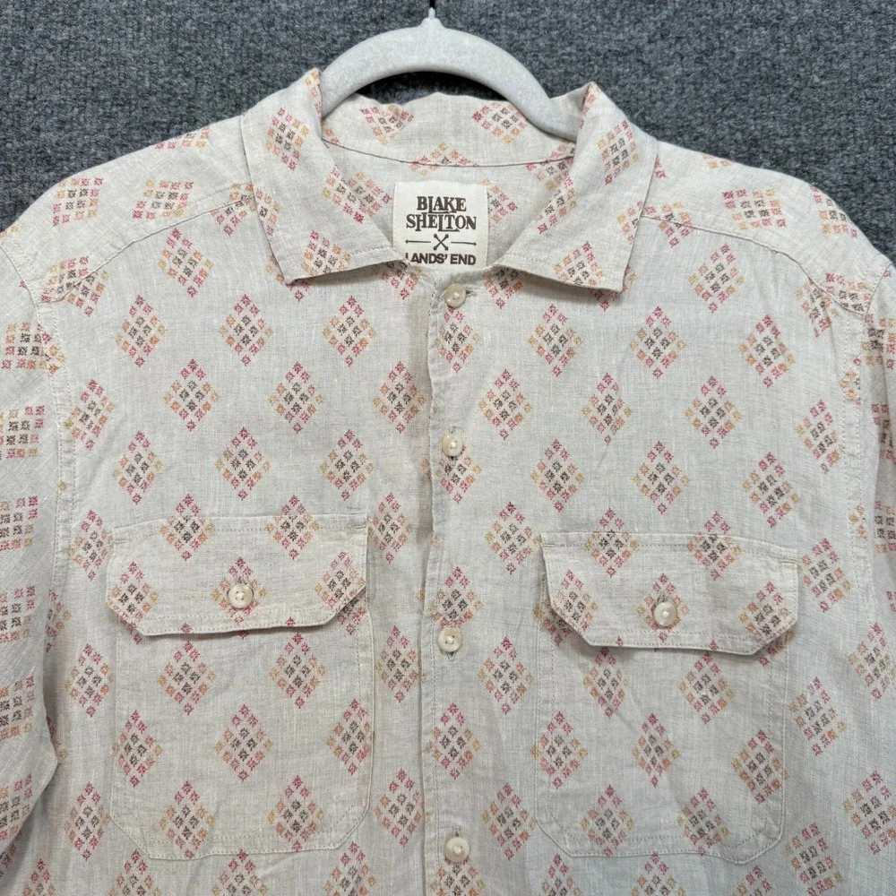 Blake Shelton x Lands‎ End Shirt Mens Medium Beige 100% Linen Western Print